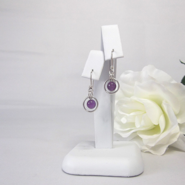 Amethyst gemstone dangle earrings with bead in a ring of recycled silver