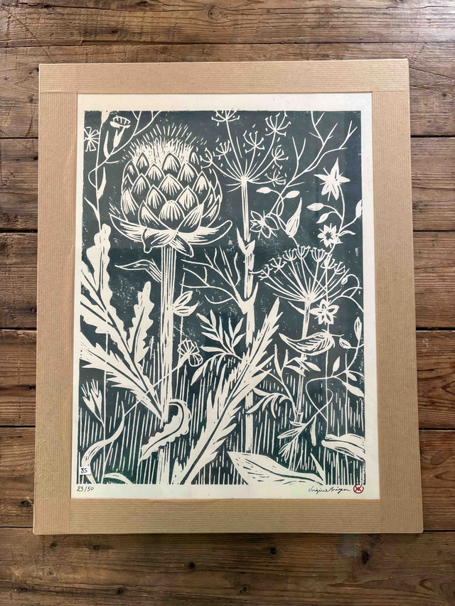 Artichaut, linogravure encadrée 70 x 50 cm