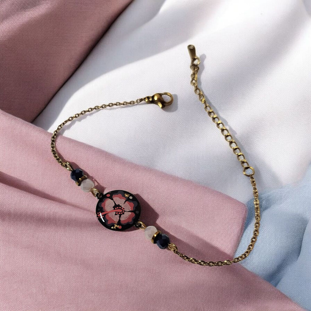 Bracelet dessiné Flora acier inoxydable rose et bleu foncé 