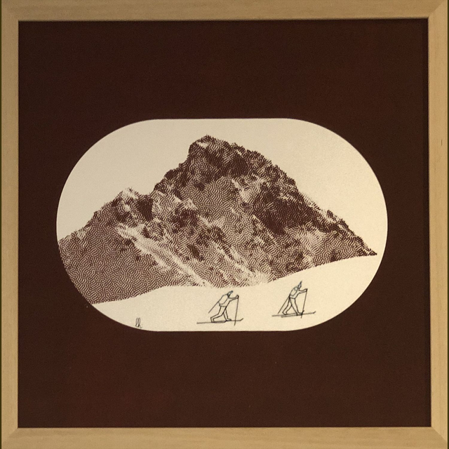 sérigraphie brodée et encadrée 2 randonneurs2 30X30 cm