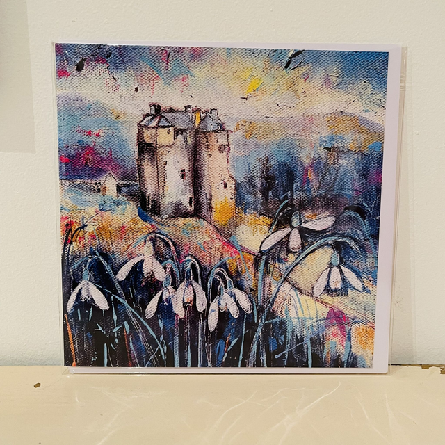 Greetings card-Peebles, Snowdrops at Neidpath Castle