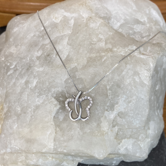 Sparkly Butterfly Pendant Necklace In Sterling Silver with Clear Gemstones