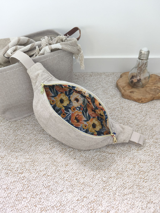 Banane Adulte velours côtelé beige et fleurs orange/vert