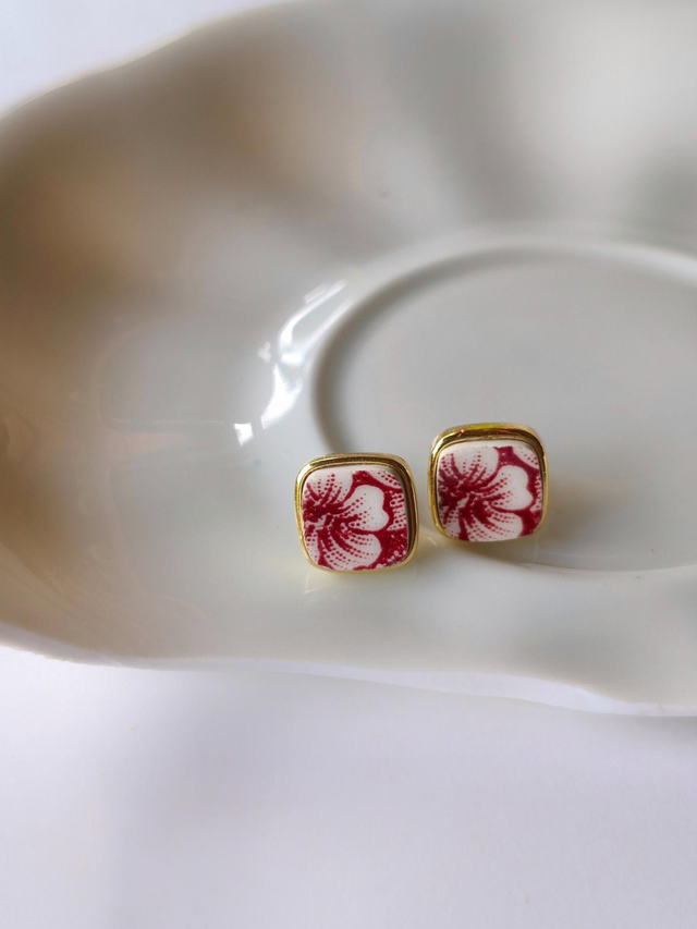 Boucles d&#039;oreilles carrées - porcelaine anglaise - Grindley Staffordshire no.2