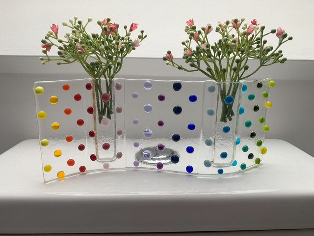 Wave Flower and Bud Vase with Multicoloured Dots Gift Fused Glass approx. 22cm long