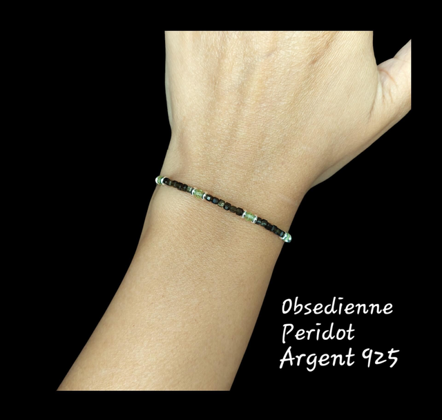 Bracelet pierres Péridot, Obsidienne et argent 925