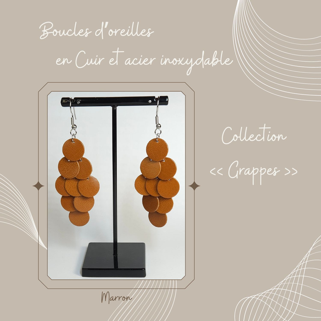 Boucles d&#039;oreilles Grappe en cuir - Marron clair