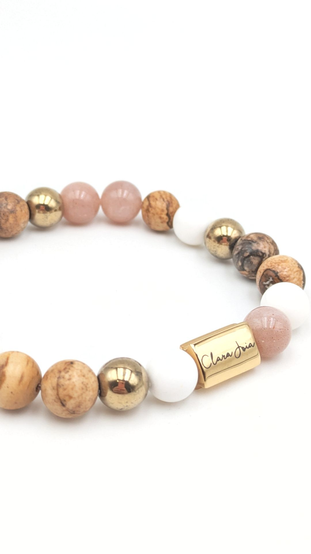 Bracelet Clara Joia Acier Doré Pierre de Soleil Coquillage Jaspe Paysage 