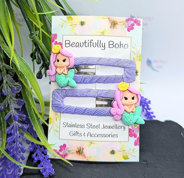 Lilac Ribboned Mermaid Snap Hair Clips 