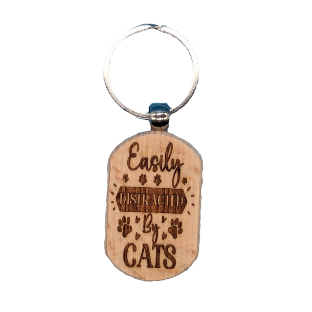 Easily Distracted by Cats Wooden Double Sided Keyring