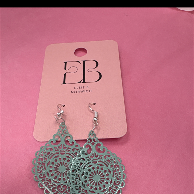 Mint metal lace drop earrings silver hoop