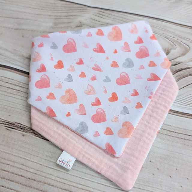 Pink & Grey Hearts Drool Bib - Handmade & Reversible