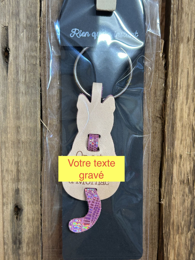 Porte-clés en cuir Silhouette de chat &quot;votre texte peronnalisé&quot;