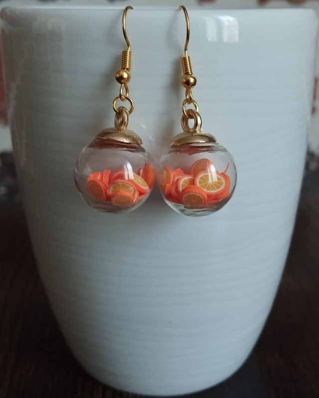 🍊 Boucles d’oreilles en verre – Orange miniature à l’intérieur 🍊