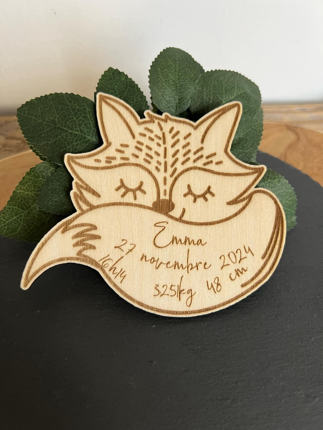 Faire-part Renard naissance, baptême, anniversaire en bois.