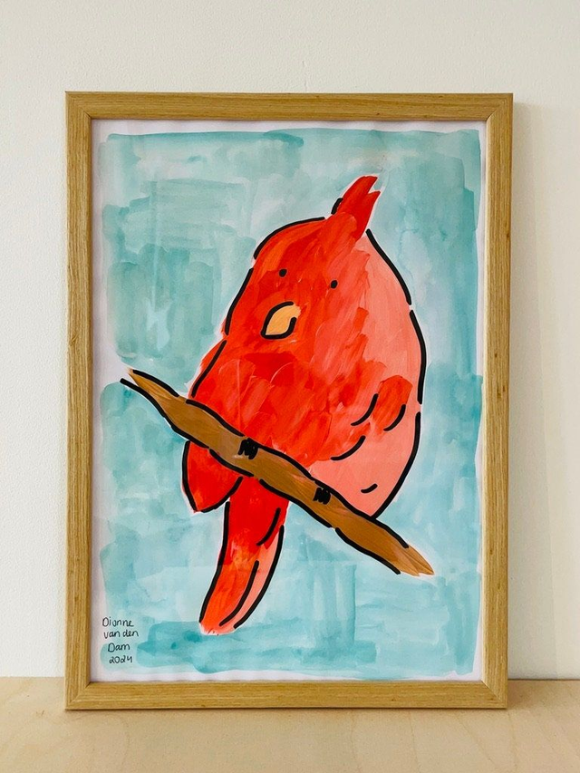 Schilderij rode kardinaal, 21 x 30 cm