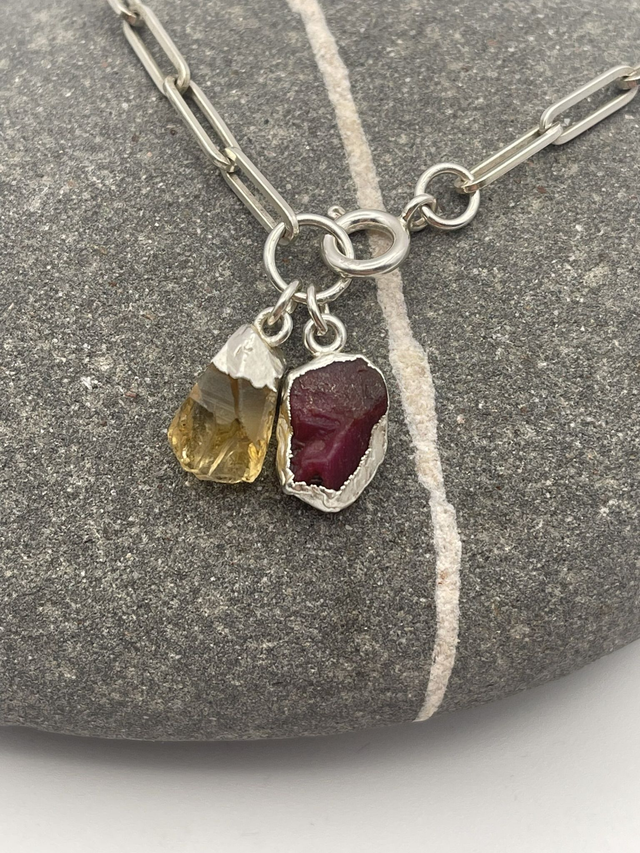 Sterling silver paperclip chain necklace with 2 birthstones