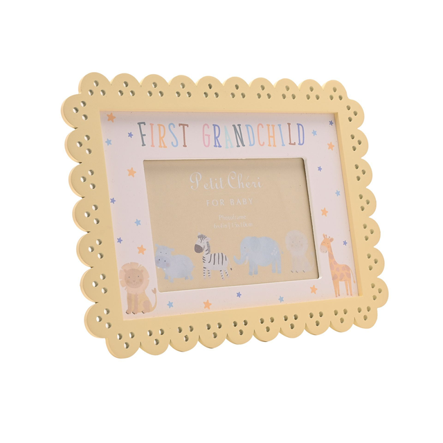 Petit Chéri Yellow Scalloped Baby Photo Frame 6x4" – "First Grandchild" Keepsake