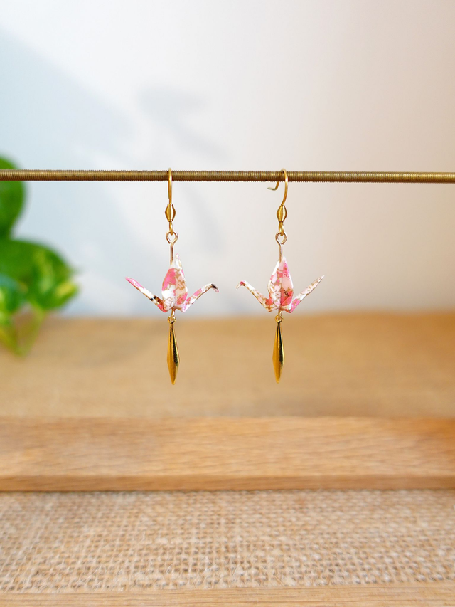 INOX doré / Origami grues, oiseaux / Papier japonais washi / Rose, Blanc, or/ Boucles d'oreilles origami /