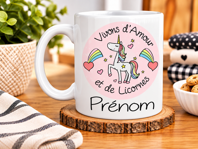 Mug « Vivons d’Amour et de Licornes » avec Prénom – Une Idée Cadeau Originale, Colorée et Personnalisée pour les Fans de Licornes et de Fantaisie 🦄💕