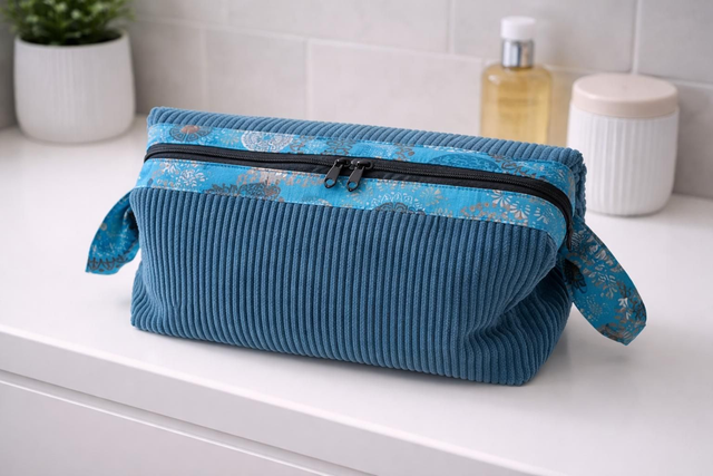 Trousse de toilette velours côtelé bleu canard 