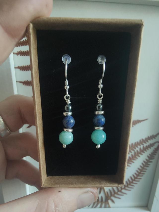Boucles d&#039;oreilles &quot;Harmonie&quot; Triple Argent 925 : Hématite Lapis Lazuli Amazonite 