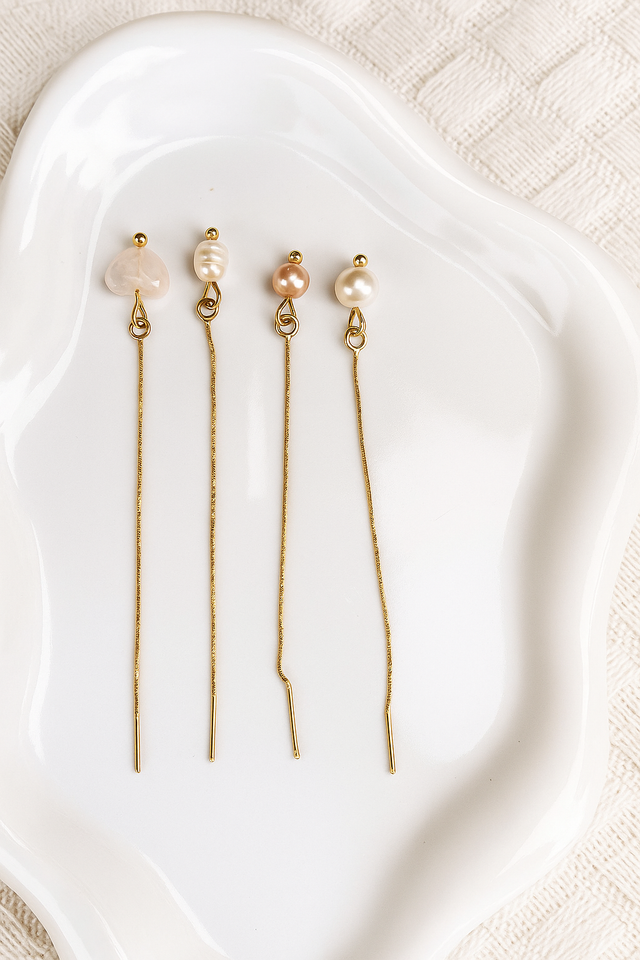 Orecchini sali scendi in argento 925 placcato oro 24k , varie scelte, perla , cuore di quarzo, perla rosè, perla chicco di riso.