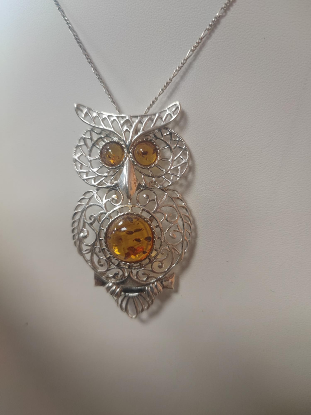 Pendentif/Broche "Hibou" en Argent et Ambre