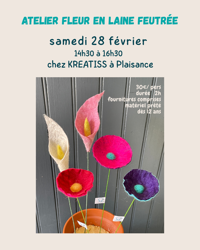 atelier fleur en laine feutrée chez Kréatiss