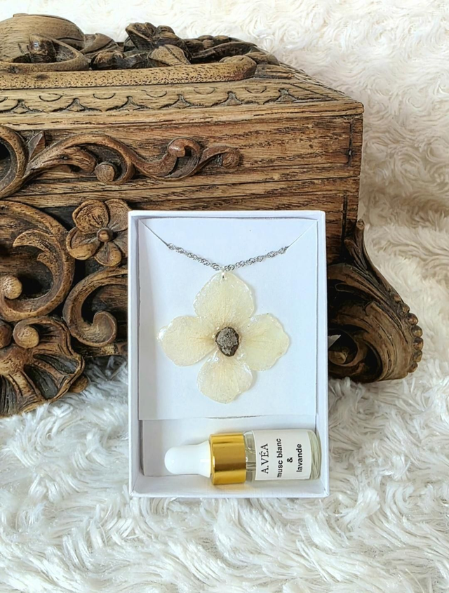 Collier Aura fleur d'hortensia blanche reflet or