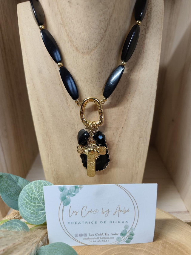 COLLIER BIG PERLES / BRELOQUES/ CROIX / ACIER INOXY GOLD 0000608