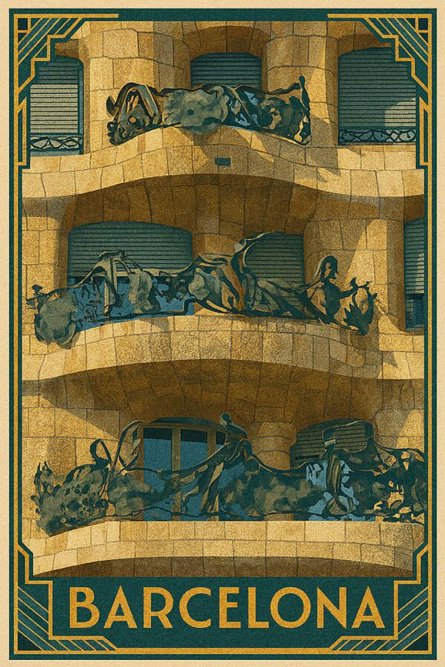 Póster de viaje vintage del balcón de La Pedrera de Barcelona