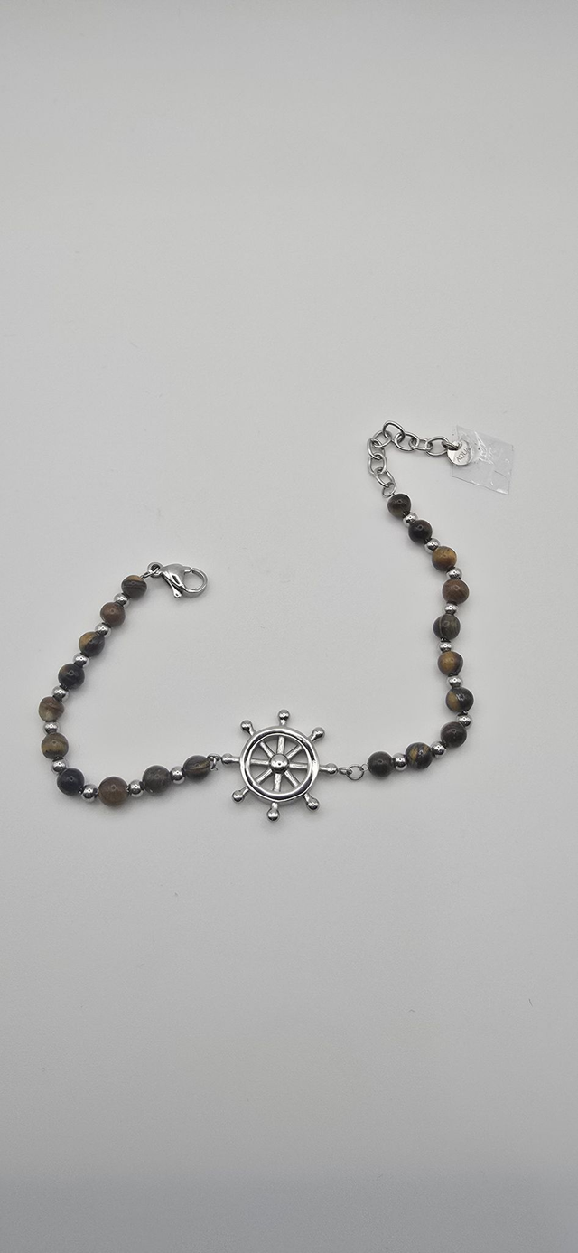 bracciale in acciaio con timone e pietre "occhi di tigre"