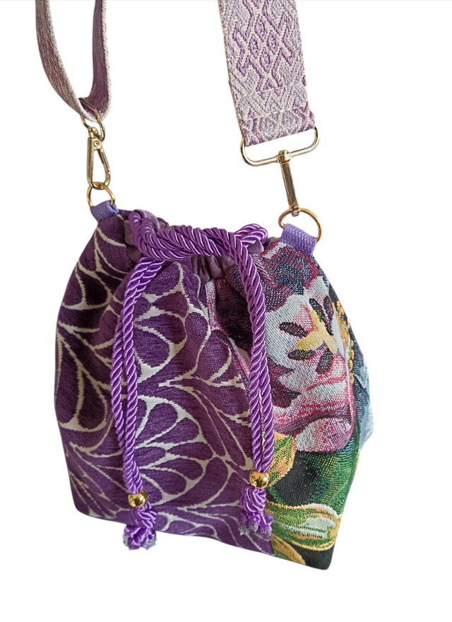 Sac bourse original mélange de deux tissus tapissier/ bourse tapisserie violette