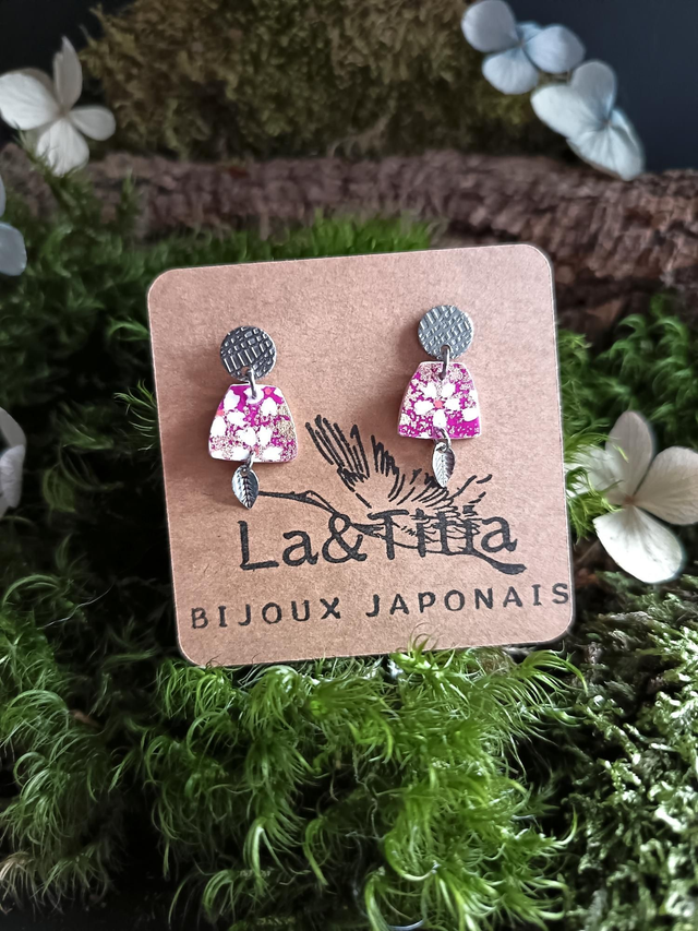 Boucles d'oreilles - puces - papier washi - Sakura - fleurs de cerisier - feuilles - La&amp;Titia 