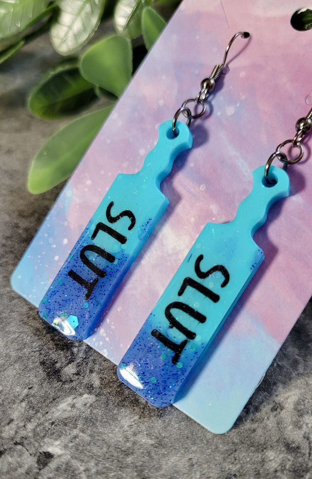 Earrings | SLUT Blue Glitter Dipped Paddle Earrings | Stainless Steel Gunmetal Hooks