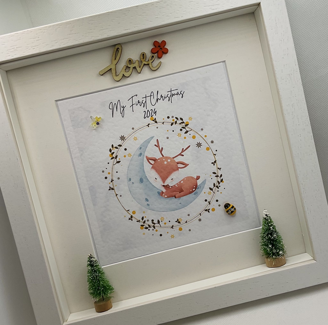 Personalised First Christmas frame and album set. Reindeer design.