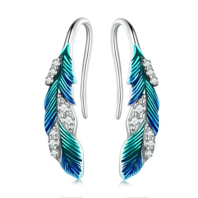 Oorbellen 925 Zilver Vogel Veren Blauw 