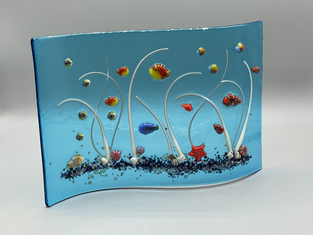 Underwater Tropical Fish Fused Glass Scene on Turquoise Wave