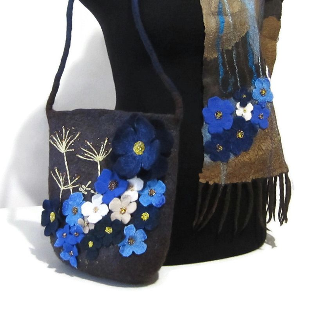 Borsa per donna fatta a mano Borsa a spalla in feltro di lana Borsa marrone blu regalo unica per le donne