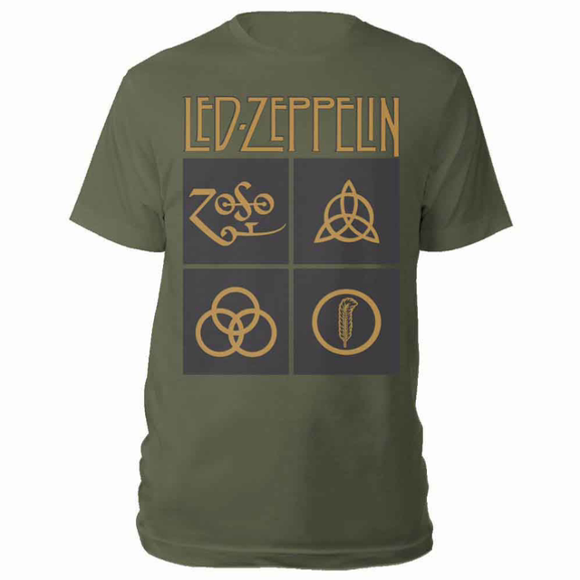 LED ZEPPELIN UNISEX T-SHIRT: GOLD SYMBOLS IN BLACK SQUARE