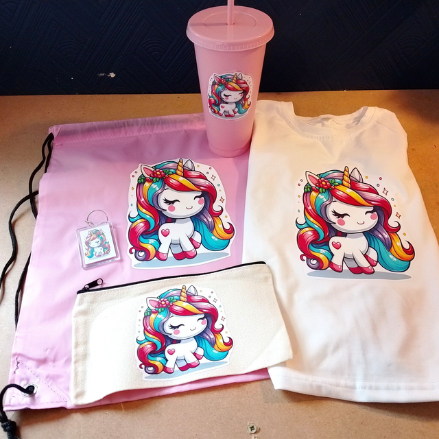 Girls Personalised Unicorn 5 Piece Set - T-shirt Bag Cup Keyring &amp; Pencil Case