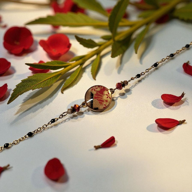 bracelet acier inoxydable motifs japonais rouge et doré