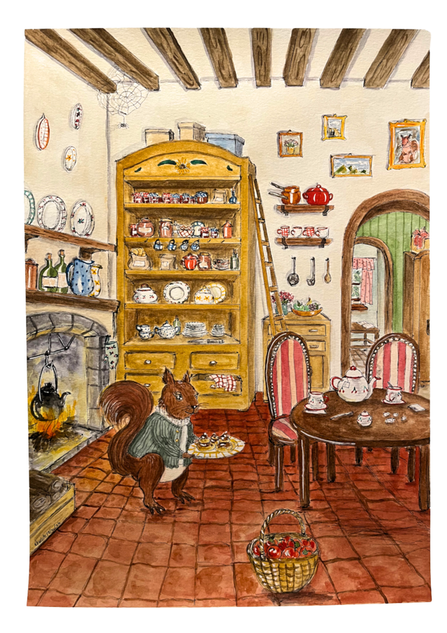 Maman écureuil reçoit pour le thé - Aquarelle originale 