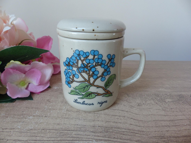 Tisanière Vintage en Grès Mouchetté – Décor Botanique Baies de Sureau Noir – Tasse avec Filtre et Couvercle – Style Campagne et Bohème
