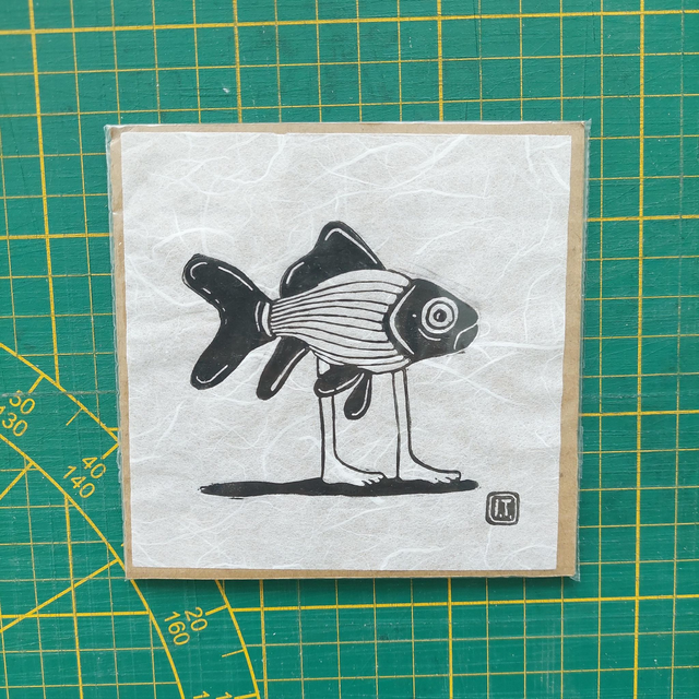 Walking Fish Linocut Print - Linocut - Handprinted Illustration