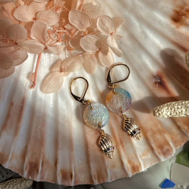 Circle and Shell Earrings with Holographic Front and Gold Plated Earring Wires