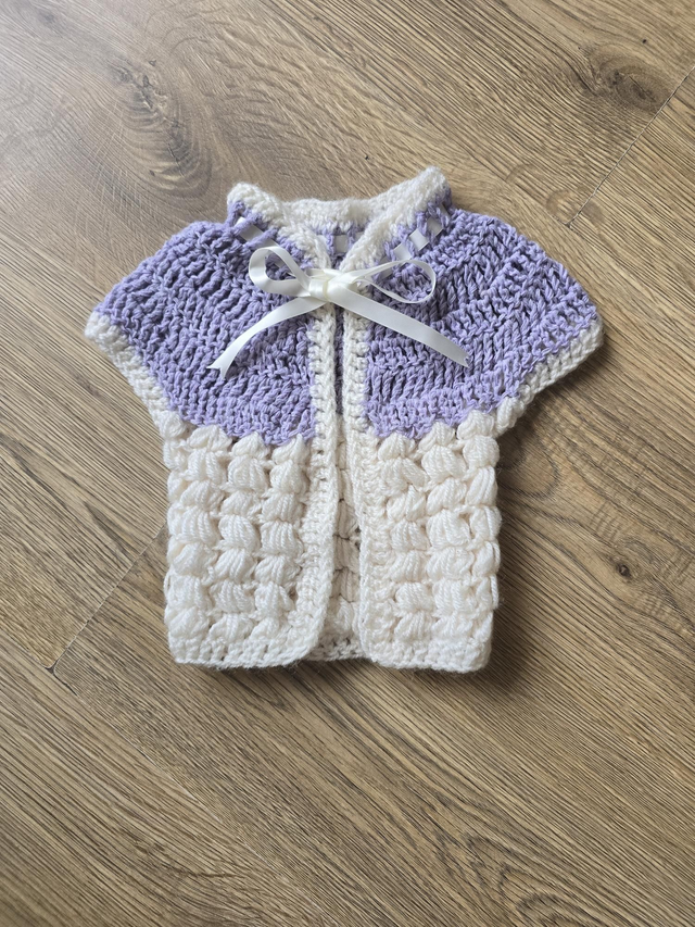 Crochet unique baby cardigan purple grey mix cream sleeveless prem-newborn or doll
