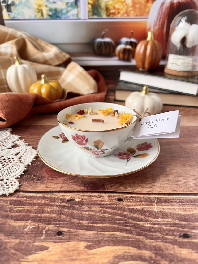 🍁 Bougie Café - tasse à thé &quot;roses d&#039;automne&quot; avec sous-tasse