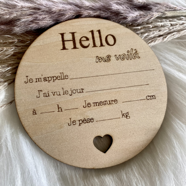 Carte de naissance en bois à remplir - Carte bébé bois modèle Hello